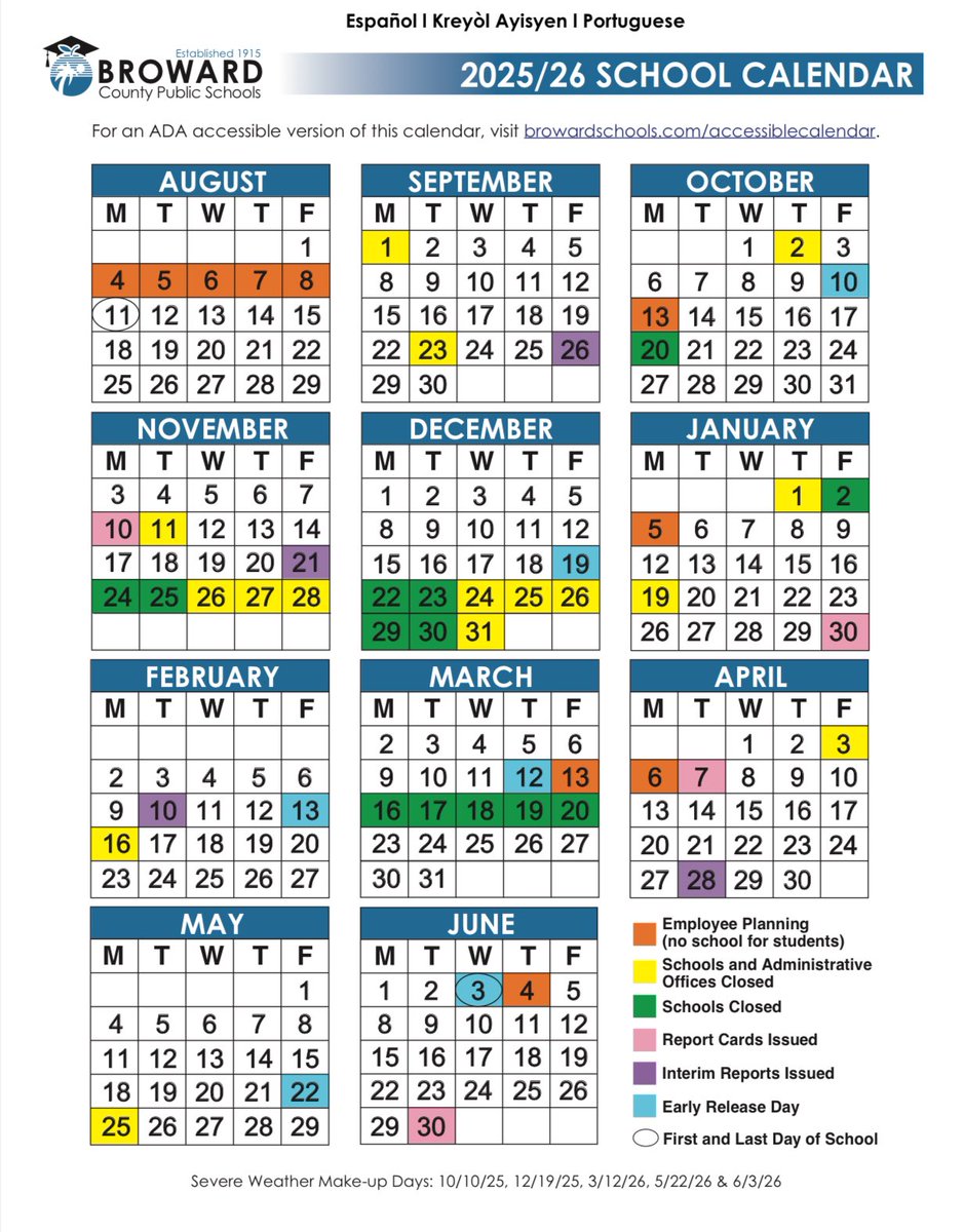 Families, the BCPS 2025/26 calendar has been released at Browardschools.com/calendar. The first day of school is Monday, August 11, 2025.