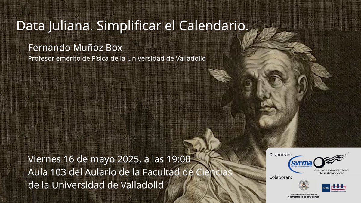 Este viernes tenemos charla de Fernando Muñoz Box, al que muchos ya conoceréis, puesto que nos ha dado ya muchas charlas estupendas. En esta ocasión nos hablará de "Data Juliana. Simplificar el Calendario". Todos los detalles en el cartel. ⬇️⬇️