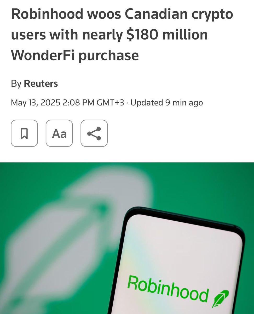 Robinhood $HOOD will buy Canadian crypto firm WonderFi for C$250 million  ($178.98 million), as the popular commission-free brokerage looks to expand  its international footprint.”