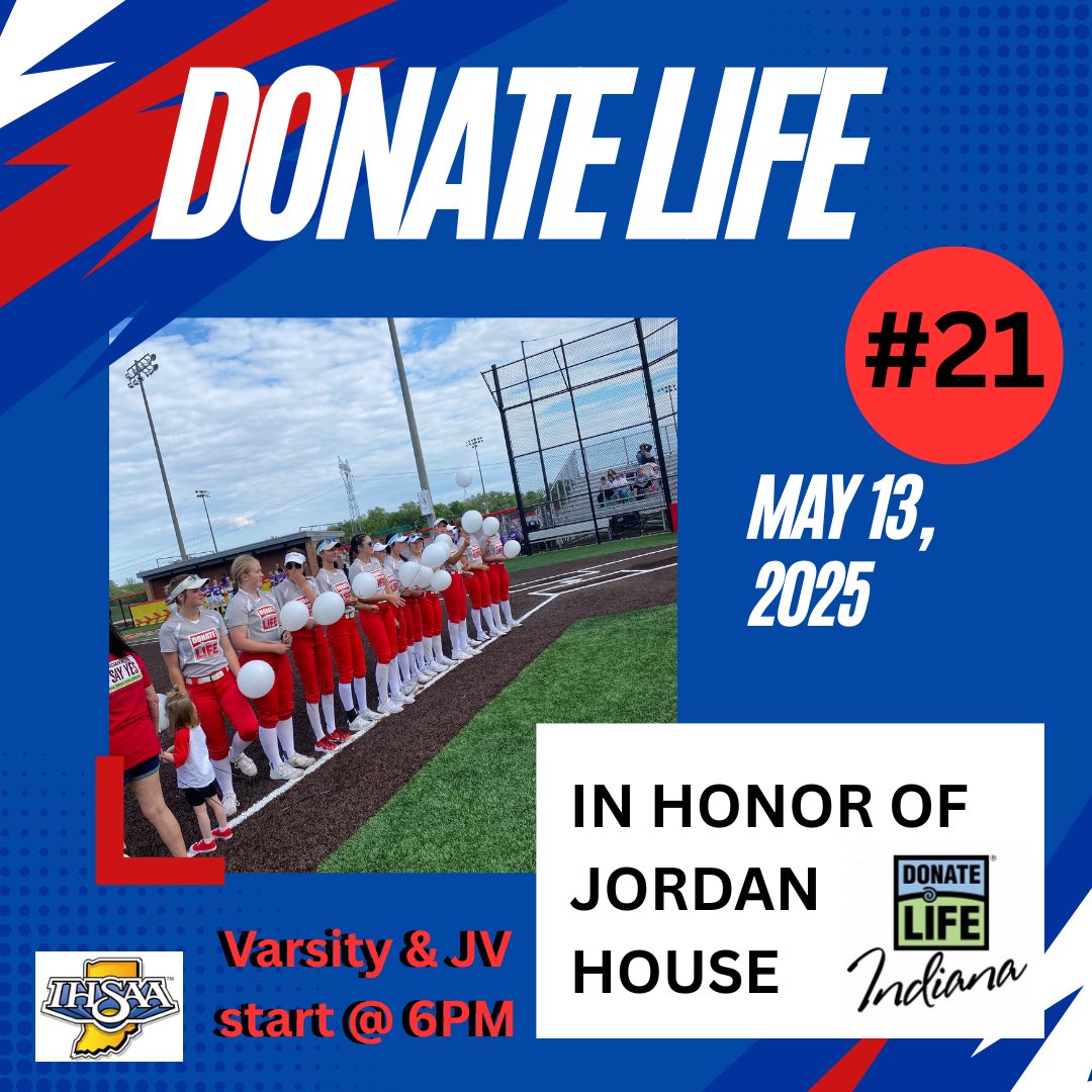 Tonight we honor Jordan House.
Ceremony will start at before the varsity game at approximately 5:45pm on the varsity field so arrive early and join us❤️🥎 #21  <a href="/DonateLifeIN/">Donate Life Indiana</a>