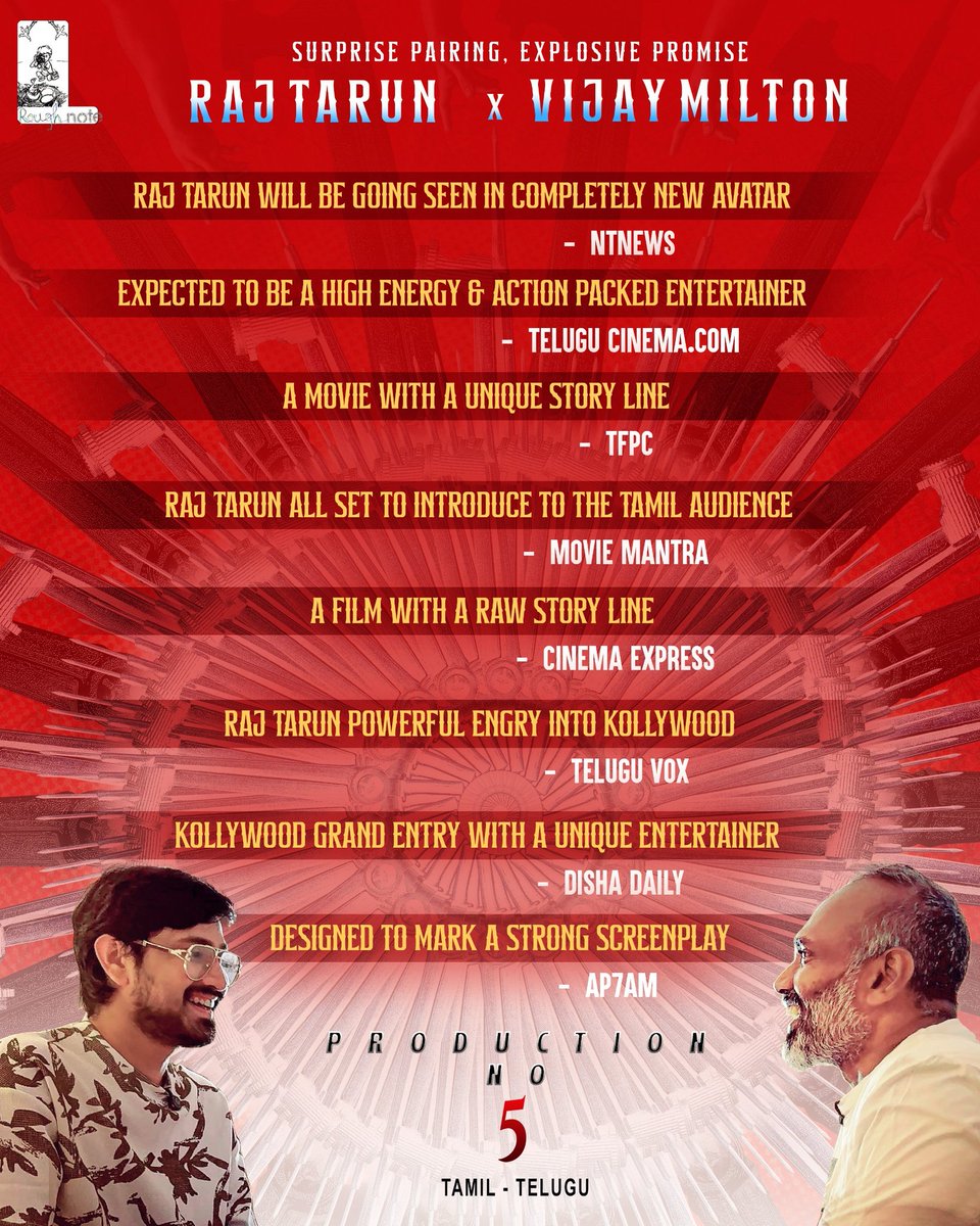 RoughnoteProd's tweet image. GOLI SODA IS RELOADING 🌋💥

@itsrajtarun all set to make Kollywood Grand Entry with @vijaymilton Bilingual Action Drama🔥🤩

@vijaymilton @itsrajtarun @bharathhere 
@Aariarjunan  @Ammu_abhirami   @paal_dabba @ksd_offl   
@tinkujef @vasistvijetha

#rajtarun #rajtharun #golisoda