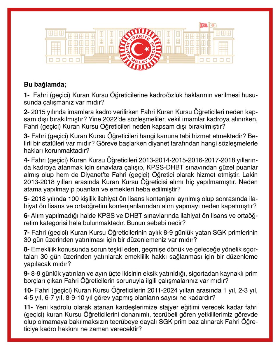 Fahri (geçici) Kuran Kursu Öğreticilerinin özlük hakları, SGK prim borçları, işsizlik maaşı, izin hakları ve sendika hakları ile ilgili sorularımızın Cumhurbaşkanı Yardımcısı Sayın Cevdet YILMAZ tarafından yazılı olarak cevaplandırılması için soru önergemizi TBMM’ye sunduk.