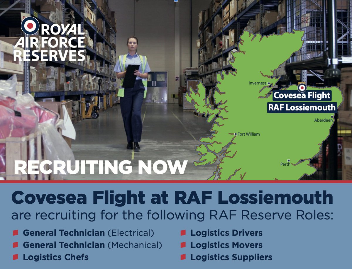 Want to join #TeamLossie but not got the capacity to commit to full-time? Aged 18-54? 

Covesea Flight is home to so many reservist opportunities at RAF Lossiemouth, and they're hiring now!

For more information visit:
recruitment.raf.mod.uk/reserves