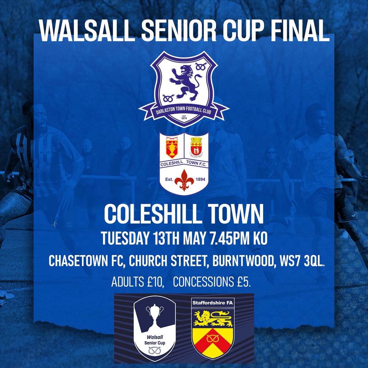 🟡⚪️MATCHDAY⚪️🟡

Darlaston Town tonight travel to Chasetown to play Coleshill Town in the Walsall Senior Cup Final 

Kick off 7.45pm

🔴Turnstiles open at 6.45pm

Adults £10 Concessions £5 U16 free
🔴Admission is by card ONLY no cash

We hope to see many Darlo supporters tonight