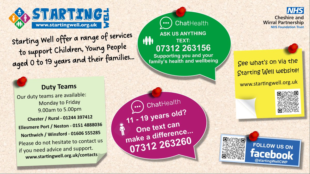 Our duty teams are available:
Monday to Friday, 9.00am - 5.00pm
Chester / Rural: 01244 397412
Ellesmere Port / Neston: 0151 488 8036
Northwich / Winsford: 01606 555285

startingwell.org.uk/contacts

#Chester #Frodsham #EllesmerePort #Neston #Northwich #Winsford #cheshirewestandchester