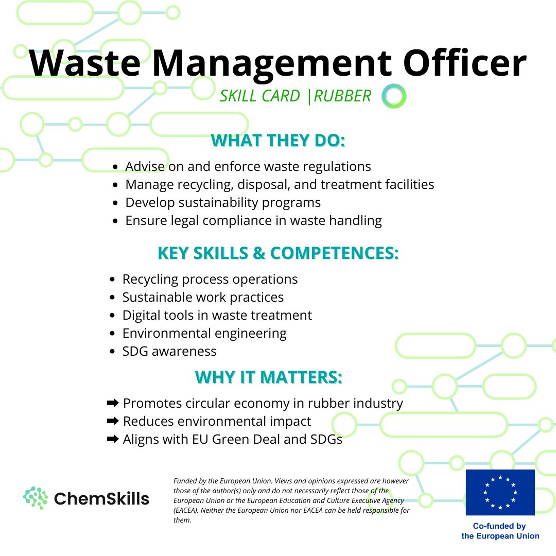♻️ Waste Management Officers keep the rubber sector green!
They drive recycling, enforce sustainability rules, and support the circular economy.
#erasmusplus #ChemSkillsEU