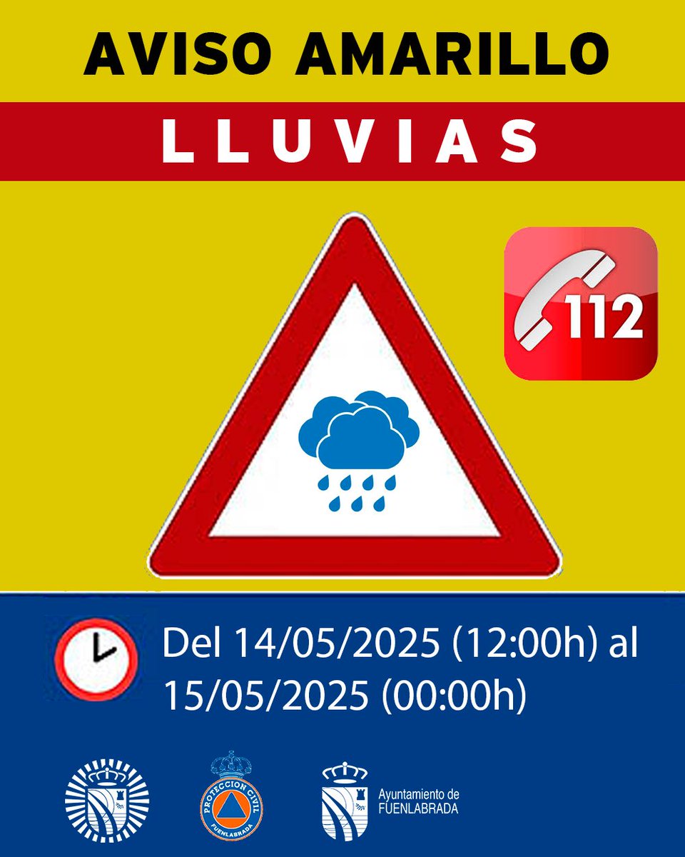 ⚠️ AVISO IMPORTANTE: ALERTA AMARILLA POR LLUVIAS Y TORMENTAS ⚠️

📅 Del 14/05/2025 (12:00h) al 15/05/2025 (00:00h)

🌧️ Fenómenos previstos:
Lluvias intensas (15 mm/hora).
Tormentas fuertes con posible granizo.

📍 Ámbito: Toda la Comunidad de Madrid