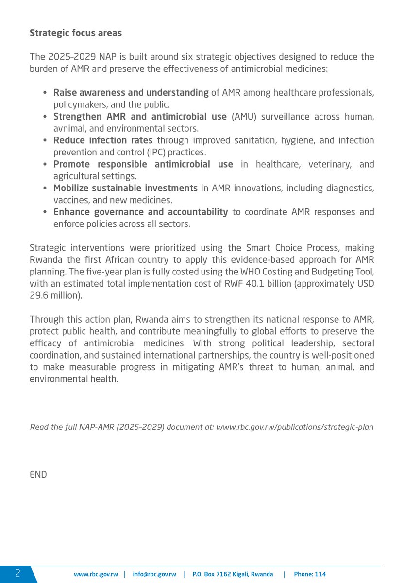 #Rwanda's 2nd National Action Plan on Antimicrobial Resistance (NAP 2025–2029) is now in force!

✍️Formally endorsed by key ministries, NAP 2.0 launches full-scale, multisectoral action to reduce the burden of #AMR and preserve the effectiveness of antimicrobial #medicines.