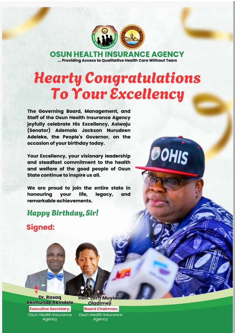 OhisNg's tweet image. @OhisNg Congratulates @AAdeleke_01 @ 65!
YOUR EXCELLENCY!!!
The Governing Board, Management, and Staff of the @OhisNg joyfully celebrate His Excellency, Asiwaju (Senator) @AAdeleke_01, the People's Governor, on the occasion of your birthday today.