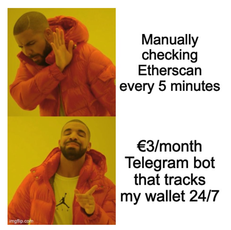 Manually refreshing Etherscan like it’s your full-time job? 😩
Get a life (and a Telegram bot) for just €3/month.
📲 24/7 wallet tracking
⚡ Real-time alerts
🛡️ Enterprise-grade tech
☕ Cheaper than your coffee

Set it. Forget it. Sleep tight.
We’re watching the chain so you