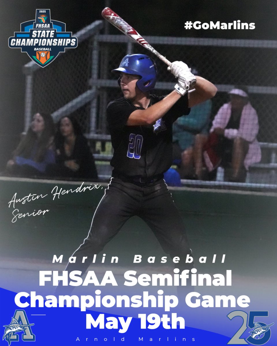 Austin Hendrix and Marlin Baseball travel to Ft Myers for the FHSAA Final Four Baseball Tournament's Semifinal Championship Game to be played Monday, May 19th.  Good luck Austin and let's #GoMarlins