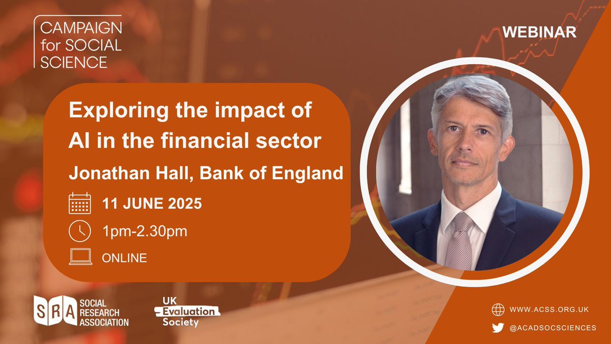 Campaign for Social Science (@cfsocialscience) on Twitter photo ⭐ New webinar⭐ The next webinar in our AI series in partnership with <a href="/UKevaluation/">UK Evaluation Society</a> & <a href="/TheSRAOrg/">Social Research Assn</a> sees Jonathan Hall, <a href="/bankofengland/">Bank of England</a> Financial Policy Committee, explore the risks & opportunities of AI in the financial sector.
Register now ➡️ acss.civiplus.net/civicrm/event/… ⭐ New webinar⭐ The next webinar in our AI series in partnership with <a href="/UKevaluation/">UK Evaluation Society</a> & <a href="/TheSRAOrg/">Social Research Assn</a> sees Jonathan Hall, <a href="/bankofengland/">Bank of England</a> Financial Policy Committee, explore the risks & opportunities of AI in the financial sector.
Register now ➡️ acss.civiplus.net/civicrm/event/…