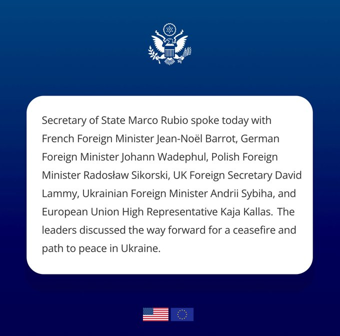 US-Botschaft Berlin (@usbotschaft) on Twitter photo Über das weitere Vorgehen für einen Waffenstillstand und den Weg zum Frieden in der Ukraine sprach <a href="/SecRubio/">Secretary Marco Rubio</a> mit den Außenministern <a href="/jnbarrot/">Jean-Noël Barrot</a>, <a href="/AussenMinDE/">Johann Wadephul</a> Wadephul, <a href="/sikorskiradek/">Radosław Sikorski 🇵🇱🇪🇺</a>, <a href="/DavidLammy/">David Lammy</a> und <a href="/andrii_sybiha/">Andrii Sybiha 🇺🇦</a> sowie der EU-Außenbeauftragten <a href="/kajakallas/">Kaja Kallas</a>: Über das weitere Vorgehen für einen Waffenstillstand und den Weg zum Frieden in der Ukraine sprach <a href="/SecRubio/">Secretary Marco Rubio</a> mit den Außenministern <a href="/jnbarrot/">Jean-Noël Barrot</a>, <a href="/AussenMinDE/">Johann Wadephul</a> Wadephul, <a href="/sikorskiradek/">Radosław Sikorski 🇵🇱🇪🇺</a>, <a href="/DavidLammy/">David Lammy</a> und <a href="/andrii_sybiha/">Andrii Sybiha 🇺🇦</a> sowie der EU-Außenbeauftragten <a href="/kajakallas/">Kaja Kallas</a>: