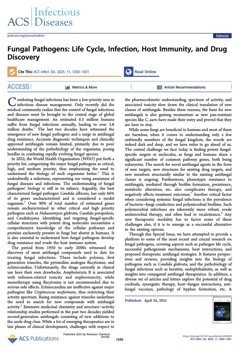 Happy to share the concluding editorial of our Fungal Pathogens special issue! A successful issue, with articles on different themes related to fungi.
Here is the link to the special issue - pubs.acs.org/page/si/fungal…
#ACSInfectiousDiseases