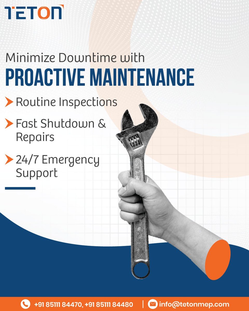 tetonproject's tweet photo. Minimize Downtime with Proactive Maintenance
๐ฌ info@tetonmep.com
๐ +91 85111 84470, +91 85111 84480
๐ https://t.co/lwSqfIUFay
#TetonProjects #ProactiveMaintenance #PreventiveMaintenance
#MinimizeDowntime #FleetUptime #MaintenanceMatters
#OperationalEfficiency https://t.co/djkkVYh3bE