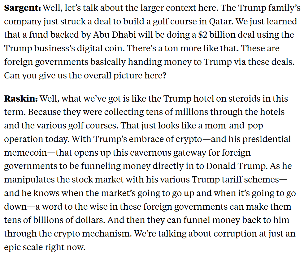 GregTSargent's tweet photo. Jamie Raskin on Trump's Qatar plane grift: "We’re talking about corruption at just an epic scale."

This is a remarkable description from Raskin of how Trump's various corrupt schemes all interlock with each other:

https://t.co/xY25DcKxmq https://t.co/sevlOJJoux