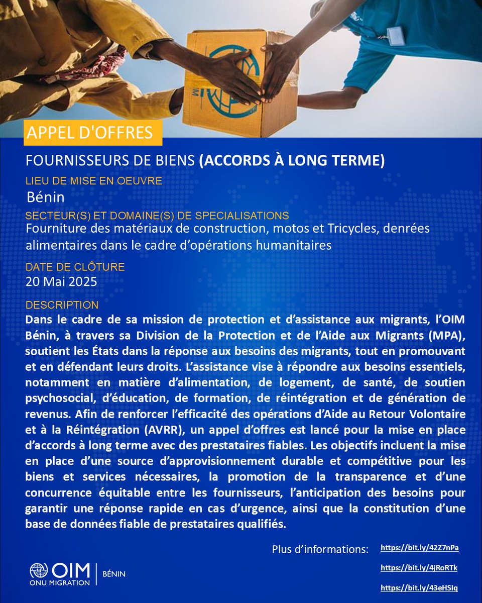 🔔 Avis d’Appel d’Offres !
L’<a href="/OIMBenin/">OIM Bénin</a> recherche des fournisseurs dans les domaines suivants :
🥫 Denrées alimentaires : bit.ly/42Z7nPa
🏍️ Motos &amp; tricycles : bit.ly/4jRoRTk
🧱 Matériaux de construction : bit.ly/43eHSIq

📩 Date limite : 2️⃣0️⃣ Mai 2025