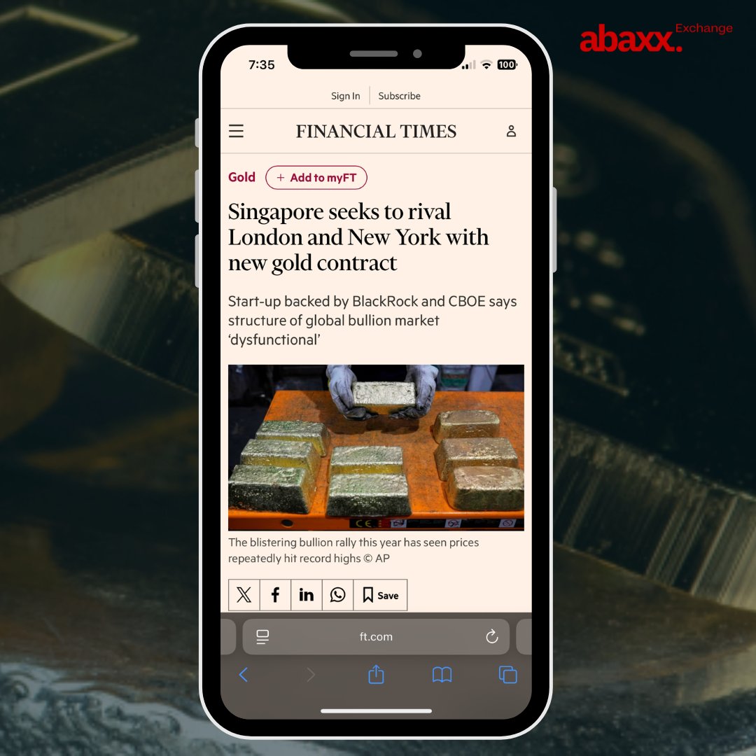 abaxx_exchange's tweet image. Singapore seeks to rival London and New York with new gold contract.

Today’s @FT highlights Abaxx Exchange’s launch of the only physically-deliverable #gold futures contract in Asia, co-locating futures and physical infrastructure in Singapore.