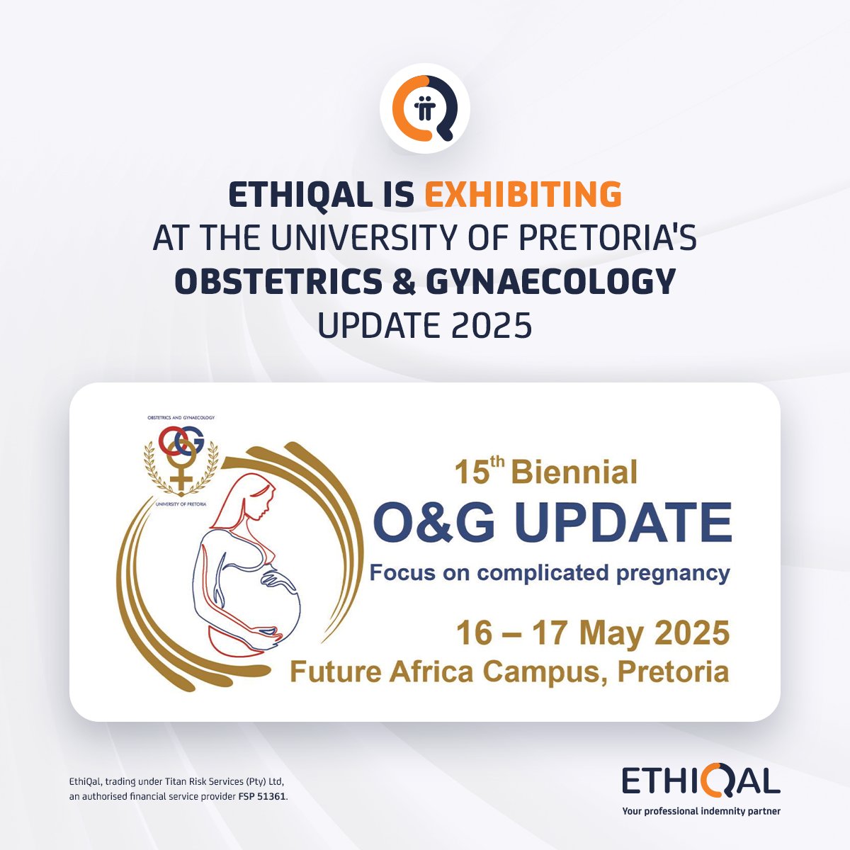 EthiQalDoctor's tweet photo. EthiQal is exhibiting at the University of Pretoria's Obstetrics & Gynaecology Update 2025 on 16–17 May 2025
We are looking forward to engaging with the #ObsAndGynae community!
For more information on the event visit: https://t.co/Pw1LXNKM4d
#EthiQal #OandGUpdate2025 https://t.co/GFBqS8kgV4