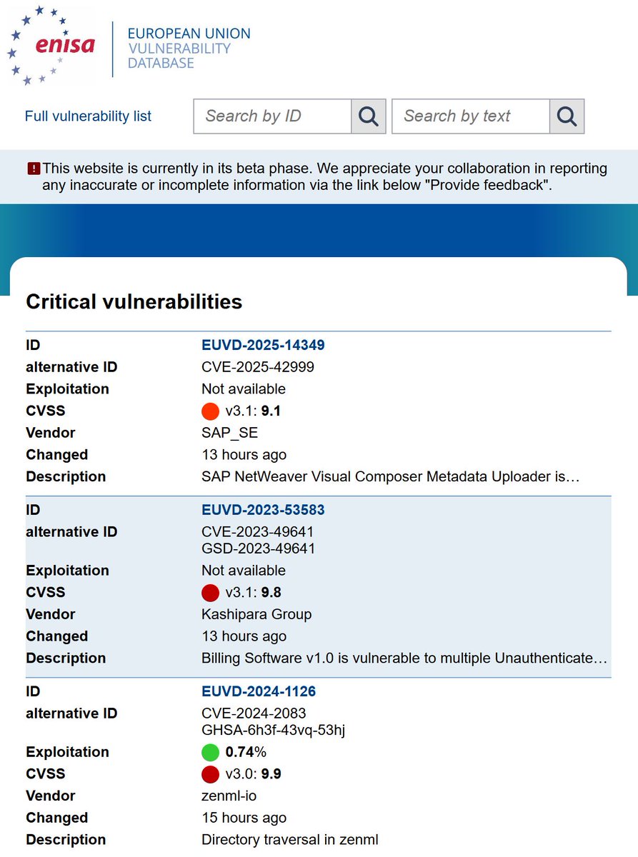 Dennis_Kipker's tweet photo. #Cybersecurity made in #Europe: Es ist soweit - nachdem die europäische Cybersicherheitsbehörde #ENISA schon im vergangenen Juni als #CVE Numbering Authority zugelassen wurde, ist nun die Beta der eigenen EU-Schwachstellendatenbank (#EUVD) online gegangen:
https://t.co/JEHudsLKRf https://t.co/F4k0bSlCAG