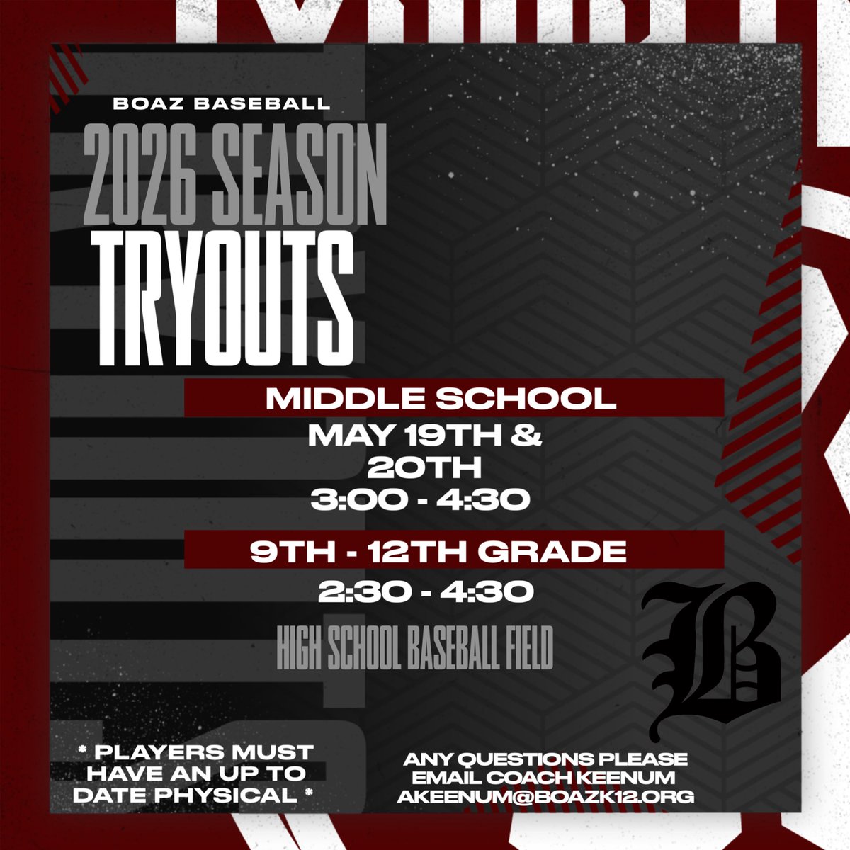 2026 Baseball Tryout Information!