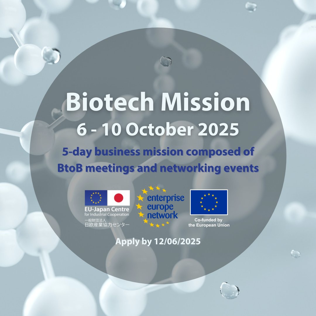 🤔Do not forget to apply for the Biotech Business Mission at the 🇪🇺🇯🇵 Centre!
Do you want to promote a #biotechnology or #Pharmaceutical product in Japan? Meet with Japanese partners? Don't miss out!

📅6-10 Oct 2025 in Osaka/Yokohama
📝Apply by 12 June
🔍bit.ly/3mOnVag