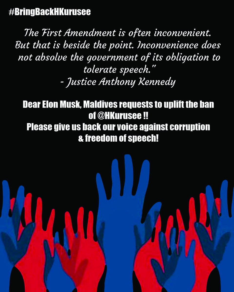 Dear <a href="/X/">X</a>, <a href="/elonmusk/">Elon Musk</a>, <a href="/Support/">Support</a>, please restore <a href="/HKurusee/">Hassan Kurusee</a>'s account. The public relies on this anonymous whistleblower to expose widespread corruption by the Maldives. Especially by the dictator <a href="/MMuizzu/">Dr Mohamed Muizzu</a> and his team.
By suspending <a href="/HKurusee/">Hassan Kurusee</a> you're holding our rights on freedom of