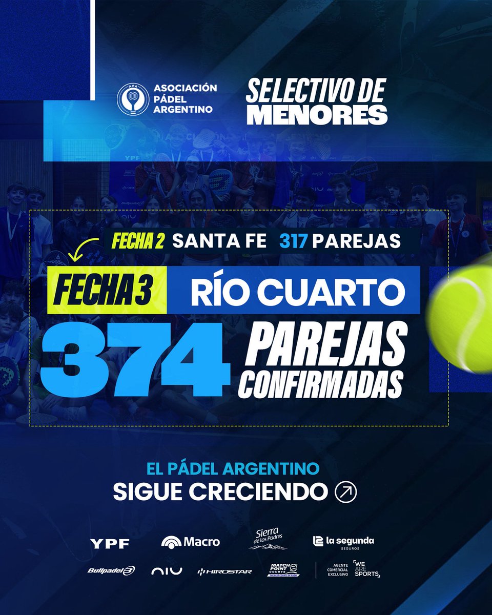 El Semillero sigue creciendo y nuestro récord histórico también. 💥

Se viene la tercera fecha del selectivo de menores en Río Cuarto, Córdoba, con 374 parejas que van a competir, emocionarse y compartir la pasión por el pádel.

¡Que viva el pádel argentino! 🇦🇷

#APA
