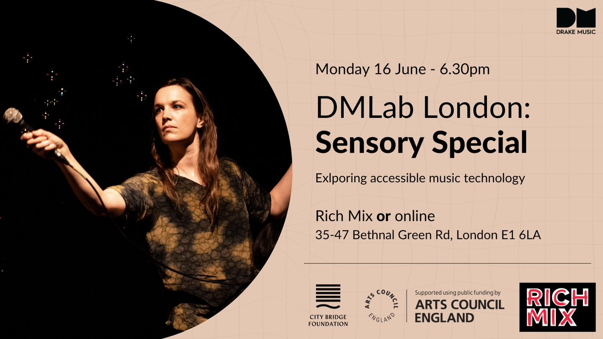 🎶 DMLab London is back with a Sensory Special! 
Rhiannon Armstrong &amp; Simon East share inclusive, sensory-based music &amp; tech practice.

🗓️ Mon 16 June | 6:30pm
📍 Rich Mix, London + livestream
🎟️ FREE: tinyurl.com/4a5ucmvt 

Access: BSL, captions, full info at <a href="/RichMixLondon/">Rich Mix</a>