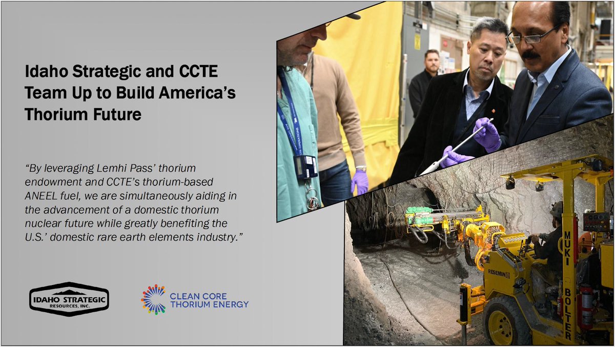 IdahoStrategic's tweet image. We are excited to team up with @cleancoreenergy to build America’s thorium future and to facilitate the rebirth of domestic nuclear power, from the mine to the fuel ⛏️
$IDR #IdahoStrategic #WealiveHere

idahostrategic.com/idaho-strategi…