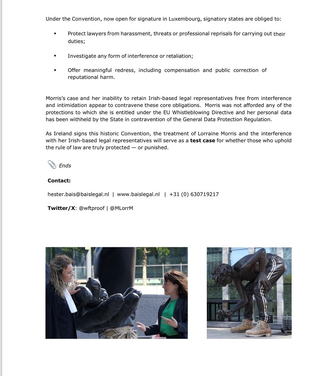 Wftproof's tweet photo. INTERNATIONAL PRESS STATEMENT 

13 May 2025

Lorraine Morris’ Case Tests Ireland’s Commitment to New Lawyer Protection Treaty

Please SHARE/RETWEET 🙏

#LawyersUnderThreat
#BankingInquiry
#EUSwapScandal
#CoEMinisterial2025 #CouncilofEurope #LuxembourgPresidency #LawyersConvention #HumanRights #DemocraticSecurity
#NewDemocraticPact #RuleofLaw #CoE75
#PressRelease #CoE #Luxembourg2025 #MinistersMeeting
 #Reform