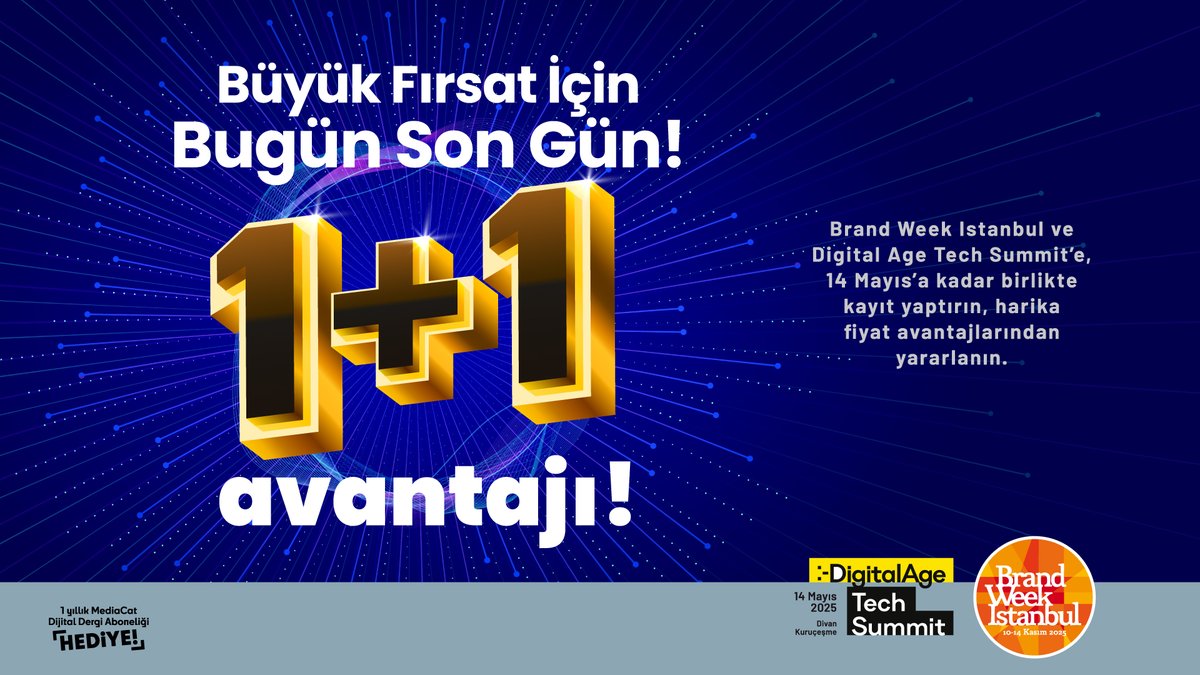 Avantajlı fiyattan yararlanmak için bugün son gün! ✨

🎉 Bugün Brand Week Istanbul ve Digital Age Tech Summit'e birlikte kayıt yaptırın, avantajlı fiyatlardan yararlanın.

Detaylı bilgi 👉 brandweekistanbul.com