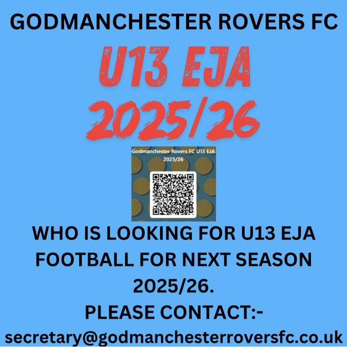 Godmanchester Rovers (@goddyroversfc) on Twitter photo Still looking for some extra players for our new U13 team for next season 💙⚽️💙
Click the QR code to register
<a href="/HuntsFA/">Huntingdonshire FA</a> <a href="/CambsFA/">Cambridgeshire FA</a> <a href="/BedsFA/">Bedfordshire FA</a> <a href="/NorthantsFA/">Northamptonshire FA</a> <a href="/EJALeague/">EasternJnrAlliance</a> <a href="/Hunts_YL/">Hunts Youth League</a> Still looking for some extra players for our new U13 team for next season 💙⚽️💙
Click the QR code to register
<a href="/HuntsFA/">Huntingdonshire FA</a> <a href="/CambsFA/">Cambridgeshire FA</a> <a href="/BedsFA/">Bedfordshire FA</a> <a href="/NorthantsFA/">Northamptonshire FA</a> <a href="/EJALeague/">EasternJnrAlliance</a> <a href="/Hunts_YL/">Hunts Youth League</a>
