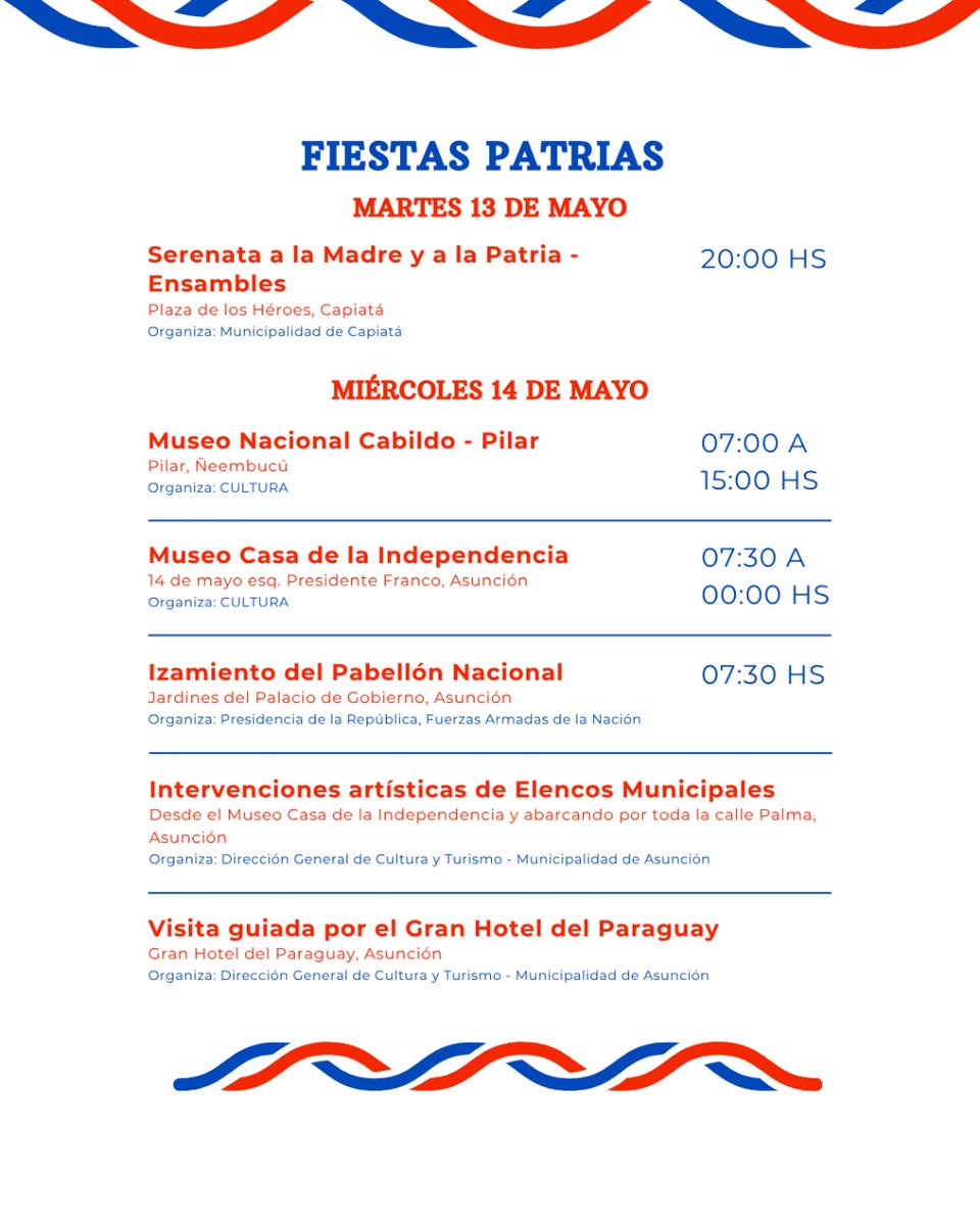 ParaguayTVHD's tweet image. 🗓️Agenda por fiestas patrias y Día de la Madre:
¡¡Muchas actividades para toda la familia!!🤩✨
#Senatur #14DeMayo #Turismo #FiestasPatrias