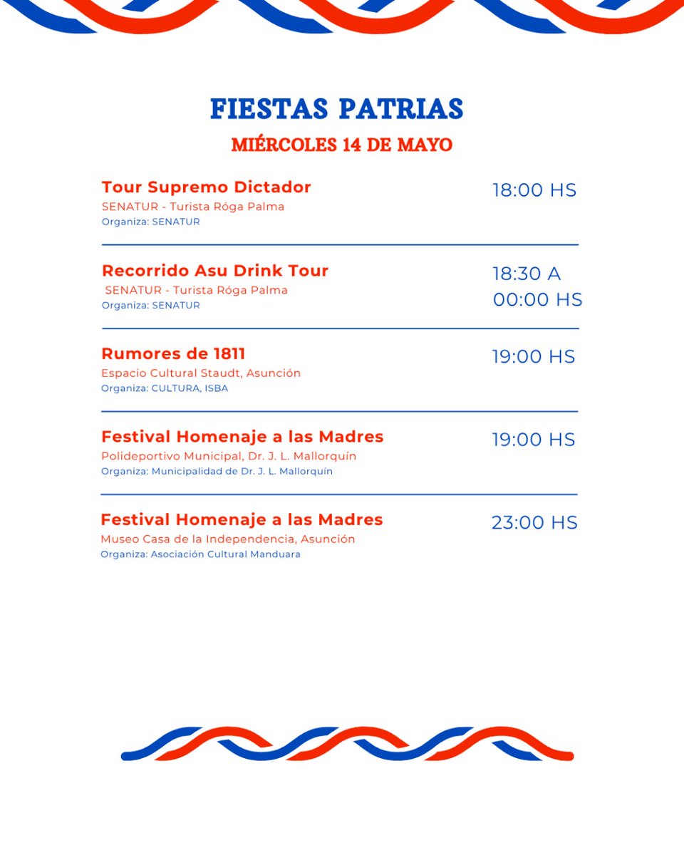 ParaguayTVHD's tweet image. 🗓️Agenda por fiestas patrias y Día de la Madre:
¡¡Muchas actividades para toda la familia!!🤩✨
#Senatur #14DeMayo #Turismo #FiestasPatrias