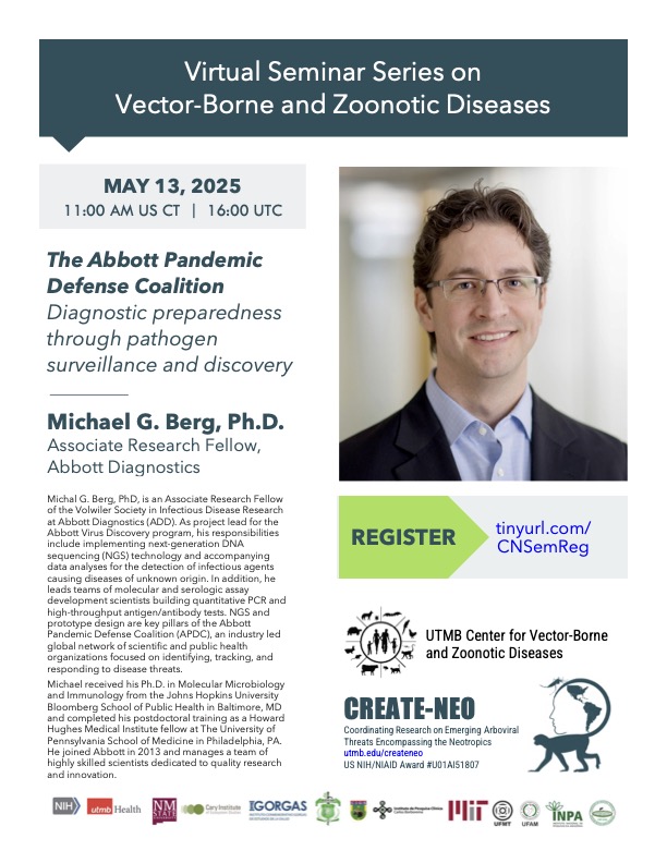 Nikos Vasilakis (@vasilakis_lab) on Twitter photo Looking forward seeing you today for Dr Berg's webinar "The Abbott Pandemic Defense Coalition - Diagnostic preparedness through pathogen surveillance and discovery". <a href="/ASTMH/">ASTMH</a> <a href="/sbviro/">Sociedade Brasileira de Virologia</a> <a href="/Virology_FAMERP/">Mauricio Nogueira’s lab @Famerp</a> <a href="/utmbhealth/">UTMB Health</a> <a href="/ACAV_ASTMH/">ACAV</a> <a href="/create_neo/">CREATE-NEO</a> <a href="/CNPEM/">CNPEM</a> <a href="/Zcapitan2/">Zeuz Capitan Barrios</a> Looking forward seeing you today for Dr Berg's webinar "The Abbott Pandemic Defense Coalition - Diagnostic preparedness through pathogen surveillance and discovery". <a href="/ASTMH/">ASTMH</a> <a href="/sbviro/">Sociedade Brasileira de Virologia</a> <a href="/Virology_FAMERP/">Mauricio Nogueira’s lab @Famerp</a> <a href="/utmbhealth/">UTMB Health</a> <a href="/ACAV_ASTMH/">ACAV</a> <a href="/create_neo/">CREATE-NEO</a> <a href="/CNPEM/">CNPEM</a> <a href="/Zcapitan2/">Zeuz Capitan Barrios</a>
