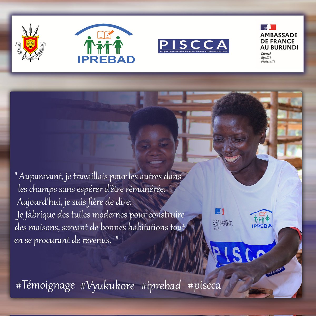 IPREBADBurundi's tweet image. &quot;Une membre de la coopérative #VYUKUKORE témoigne  des impacts positifs du projet &apos;Centre de fabrication des tuiles modernes&apos;, financé par @franceauburundi à travers le programme #PISCCA.&quot;