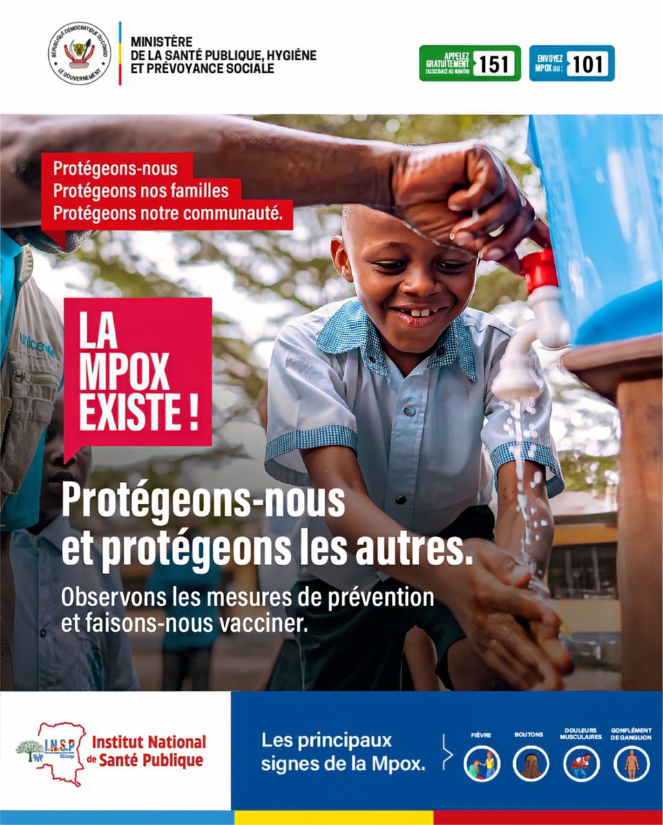 La mpox  est encore là, et l'unique moyen de se protéger est d’observer les mesures de prévention et de se faire vacciner.

Ensemble, nous pouvons agir efficacement contre cette maladie pour nous protéger et protéger les autres.

#StopMpoxEnRDC