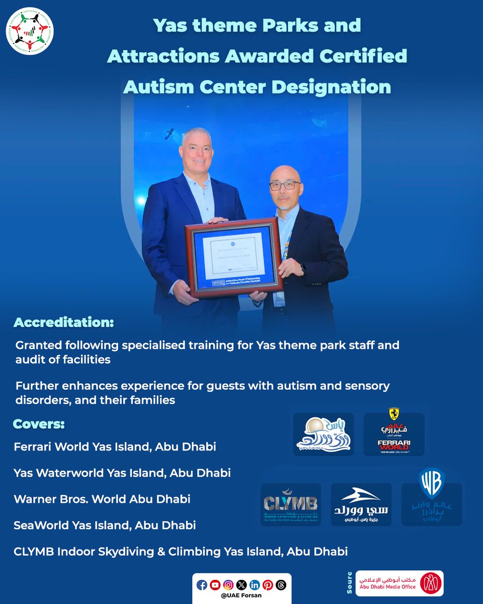 UAE_Forsan's tweet photo. Yas theme Parks and Attractions Awarded Certified Autism Center Designation 
#UAE #AbuDhabi #IBCCES #CertifiedAutismCenter #CAC #YasIsland 
@yasisland 
@IBCCES 
@FerrariWorldAD 
@YasWaterworld 
@WBWorldYI 
@SeaWorldAD 
@CLYMBYasIsland 
@ADMediaOffice https://t.co/NidEatUmsp