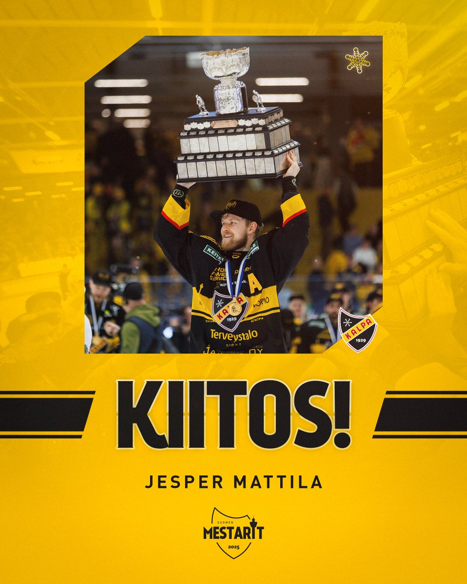 Kiitos, Jepu! 💛🖤

Jesper Mattila pelasi KalPassa viiden kauden ajan. Otteluita KalPassa kertyi 256, joissa Mattila tehtaili 56 pistettä ja pudotuspeleissä 43 ottelua pistein 6+12=18.

Kiitämme vuosistasi KalPassa ja onnea tulevaan, Jepu – ikuisesti mestarimme. 🏆

#KalPa #Liiga