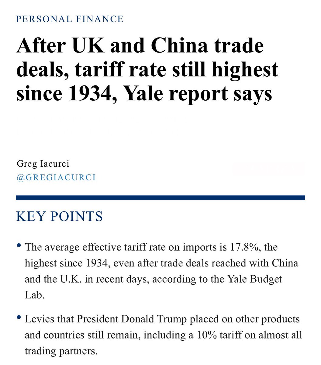 mattmfm's tweet image. NEW: Report from the nonpartisan Yale Budget Lab finds that, despite trade ‘deals’ with China and the UK, Trump’s tariffs will still cost American families $2,800 more this year.
It’s the highest tariff tax in nearly 100 years.