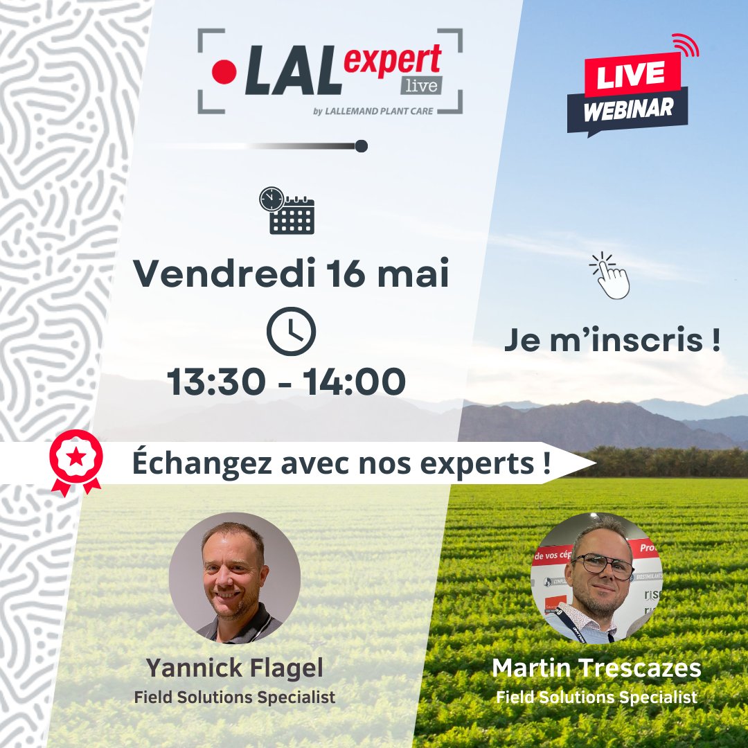 🖥️ J-3 Webinaire LALEXPERT | Comment aborder la protection des cultures de plein champ avec un produit microbien  ? 🌱👉 Inscription : events.teams.microsoft.com/event/99930126… 
#AgricultureDurable #CulturesDePleinChamp #WebinaireAgricole #Lallemand
