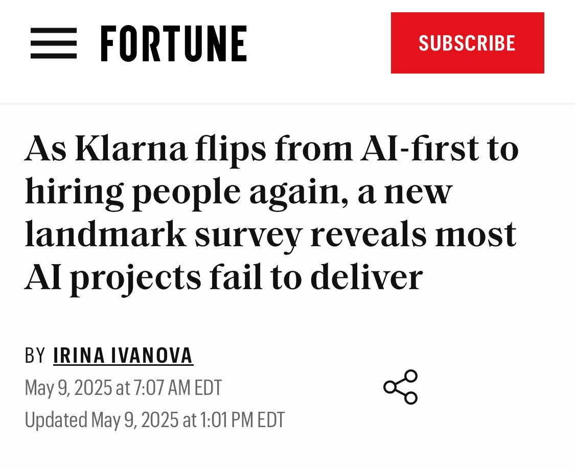 Klarna, Marzo 2024: vamos a despedir a todos los empleados, la IA les sustituye sin problemas. Ronda de despidos!!

Klarna, Mayo 2025: tenemos que contratar a más gente porque la IA nos ha metido un bajón importante en la calidad de servicio

Sorprendentes acontecimientos