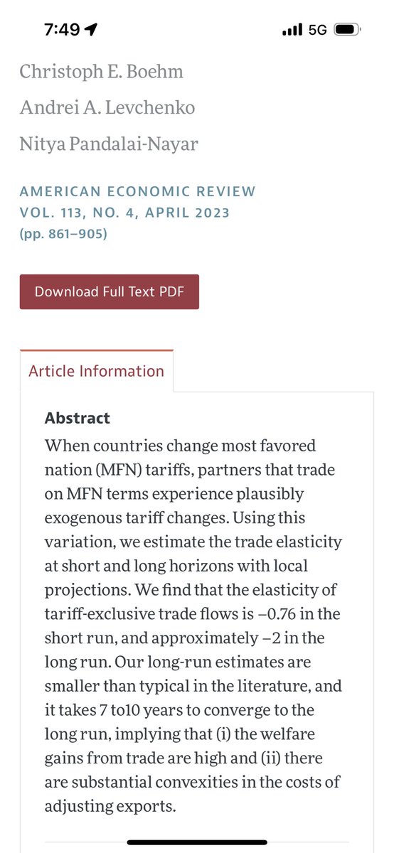 🚨 Long train ride post. 

Good paper. Actually the results are more nuanced than the abstract lets on and it gets at the core intuition behind Trump’s trade war crusade. Whether the US gains or losses from levying tariffs on imports entirely comes down to the two “elasticities