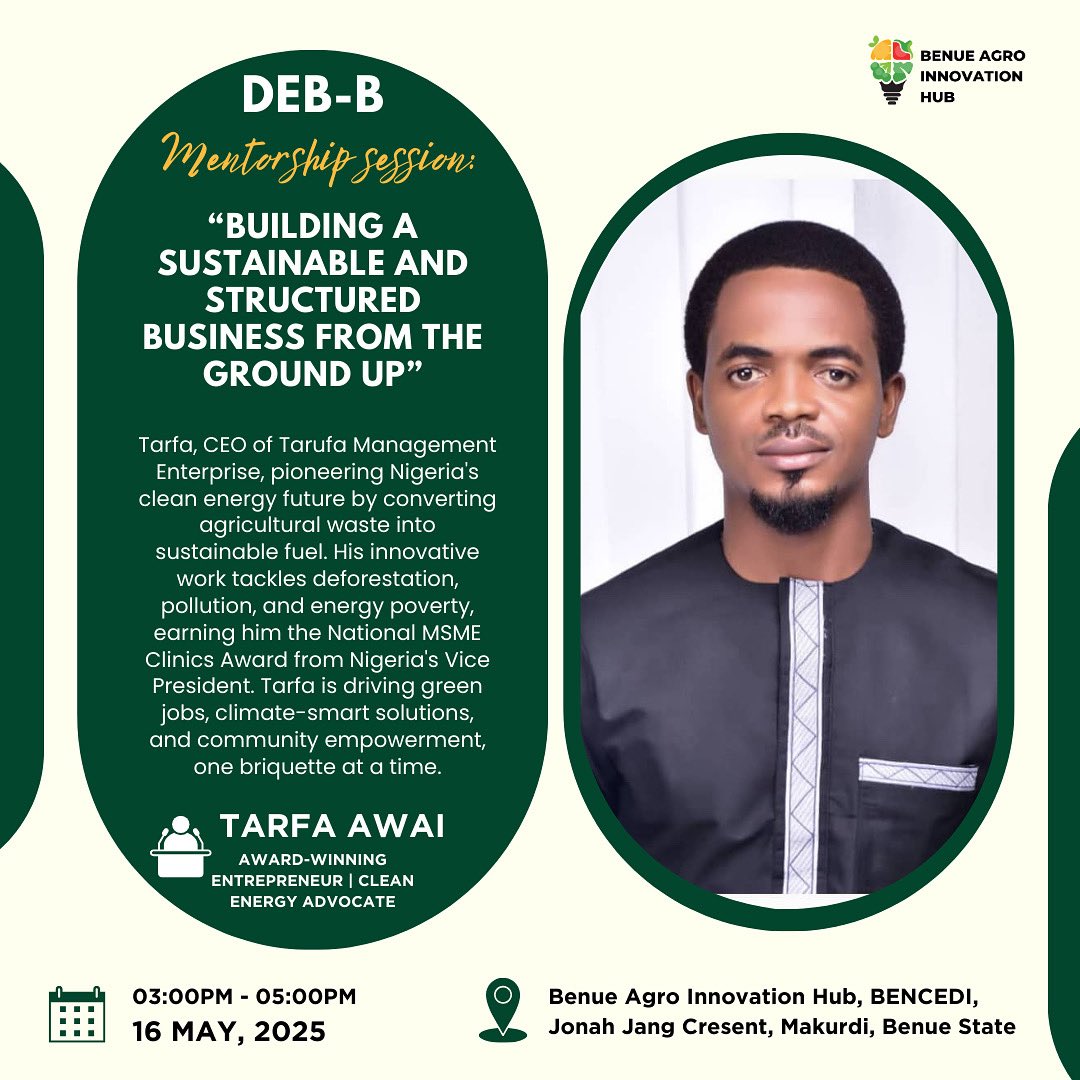 Join us for our first Mentorship Session on the DEB-B project. We will be hosting <a href="/AwaiTarfa/">Tarfa Awai</a> a renowned award-winning entrepreneur sharing his inspiring story and insights on building a sustainable, structured business from the ground up. 

This FREE event is open to all.