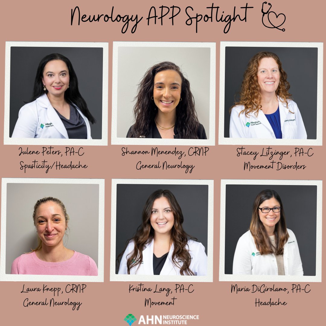 We are proud to highlight just a few of our Neurology APP's: Julene Peters, Shannon Menendez, Stacey Litzinger, Laura Knepp, Kristina Lang, and Maria Digirolamo. Check out the photo below to see what each of them specialize in!