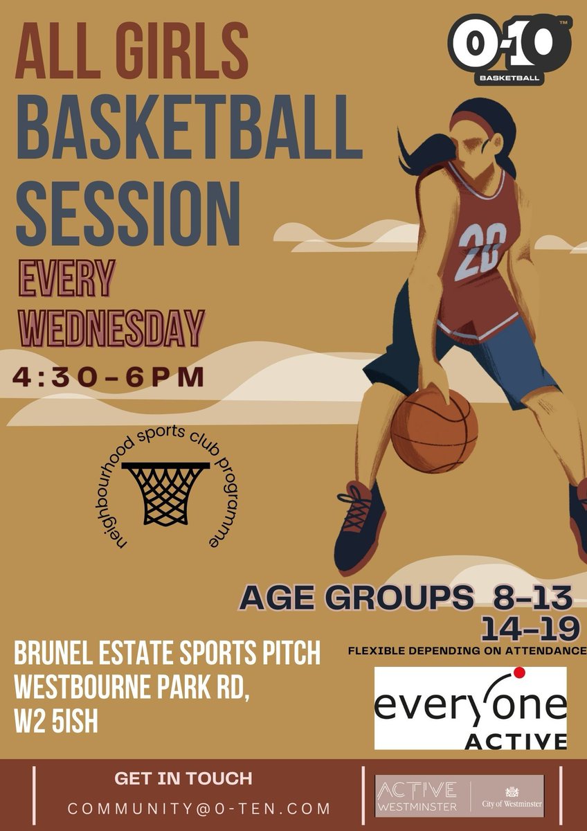 ActiveWestminster (@activewcc) on Twitter photo ⛹🏻♀️ All Girls Basketball - Girls aged 8–19, come ball with us!🏀
🗓️ Every Wednesday
🕟 4:30–6PM
📍Brunel Estate Sports Pitch, Westbourne Park Road, W2 5ISH
Fun, fitness & skills – all part of the Neighbourhood Sports Club Programme (NSC).
📩 Book: community@0-ten.com
👉 ⛹🏻♀️ All Girls Basketball - Girls aged 8–19, come ball with us!🏀
🗓️ Every Wednesday
🕟 4:30–6PM
📍Brunel Estate Sports Pitch, Westbourne Park Road, W2 5ISH
Fun, fitness & skills – all part of the Neighbourhood Sports Club Programme (NSC).
📩 Book: community@0-ten.com
👉