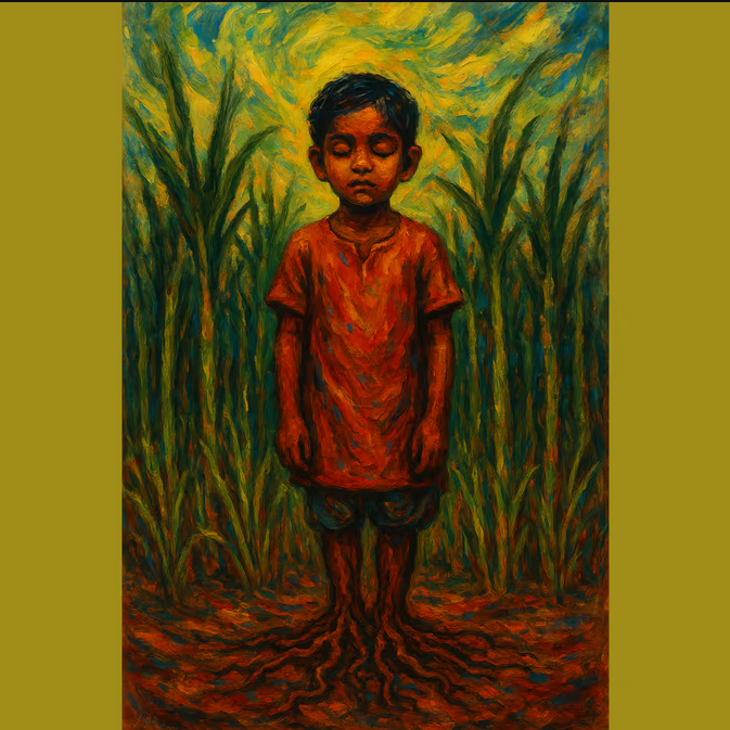 Roots

Inspired by my beautiful boy, he stands where generations rest—rooted in  soil, memory, and the unseen. A young boy with feet transformed into  roots embodies the living bridge between past and future. Surrounded by  cane fields, he is both seed and tree. This piece speaks