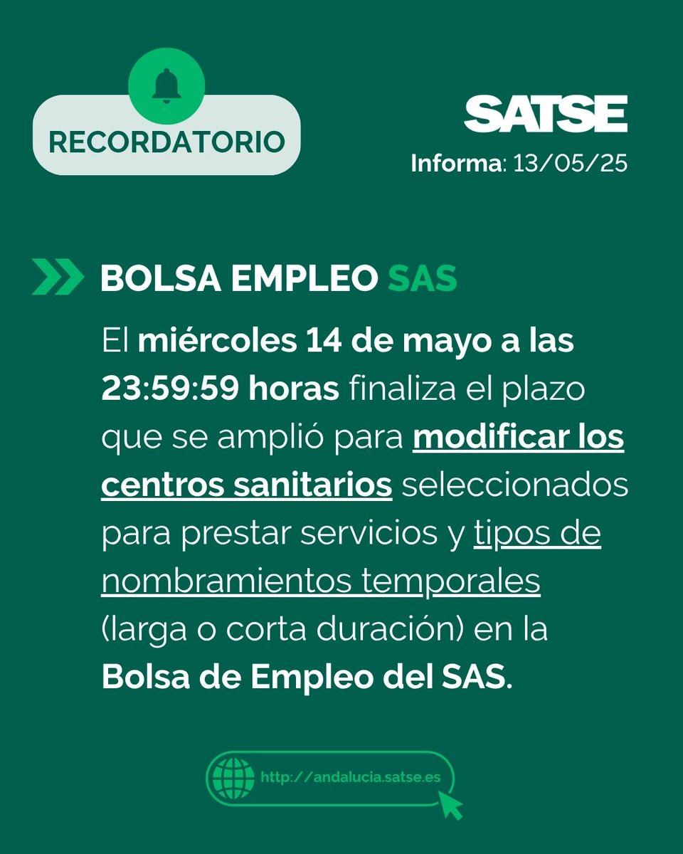 ⌛️BOLSA SAS: El miércoles 14 de mayo a las 23:59:59 horas finaliza el plazo que se amplió para modificar los centros sanitarios seleccionados para prestar servicios y tipos de nombramientos temporales (larga o corta duración).
🌐andalucia.satse.es/w/plazos-apago…