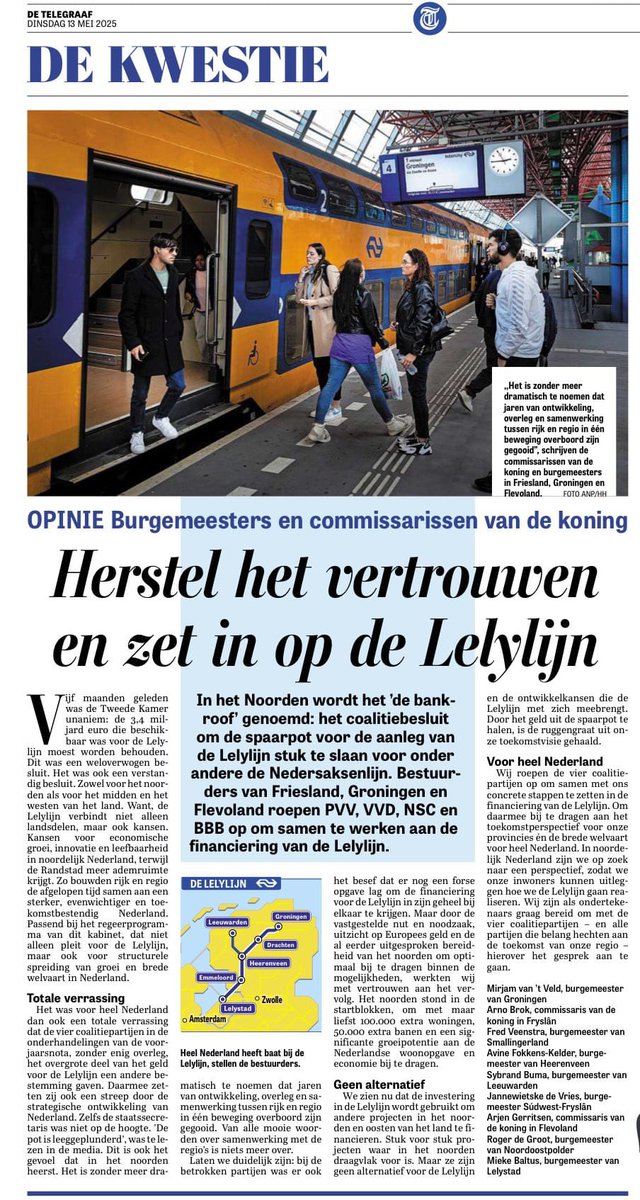 Vandaag op de opiniepagina van <a href="/telegraaf/">De Telegraaf</a> een stuk namens de noordelijke bestuurders. Wij roepen de coalitiepartijen op concrete stappen te zetten in de financiering van de Lelylijn. Want de Lelylijn biedt kansen voor economische groei, innovatie en leefbaarheid in het Noorden.